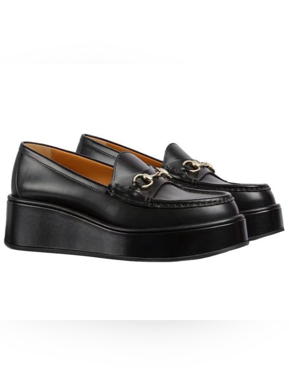 GUCCI Horsebit Leather Loafers Wedges 6cm Black Kama Calf 794317